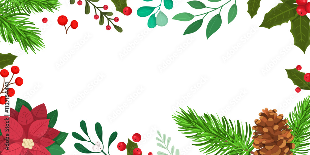 Banner or frame template with winter plants, pine cone, poinsettia flower and more. Empty space for text. Vector illustration Banner or frame template with winter plants, pine cone, poinsettia flower and more. Empty space for text. Vector illustration