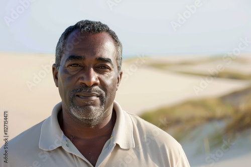 Portrait of a tender afro-american man in his 40s wearing a sporty polo shirt while standing against serene dune landscape background