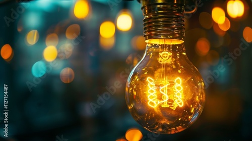 Vintage Edison bulb glowing against colorful bokeh