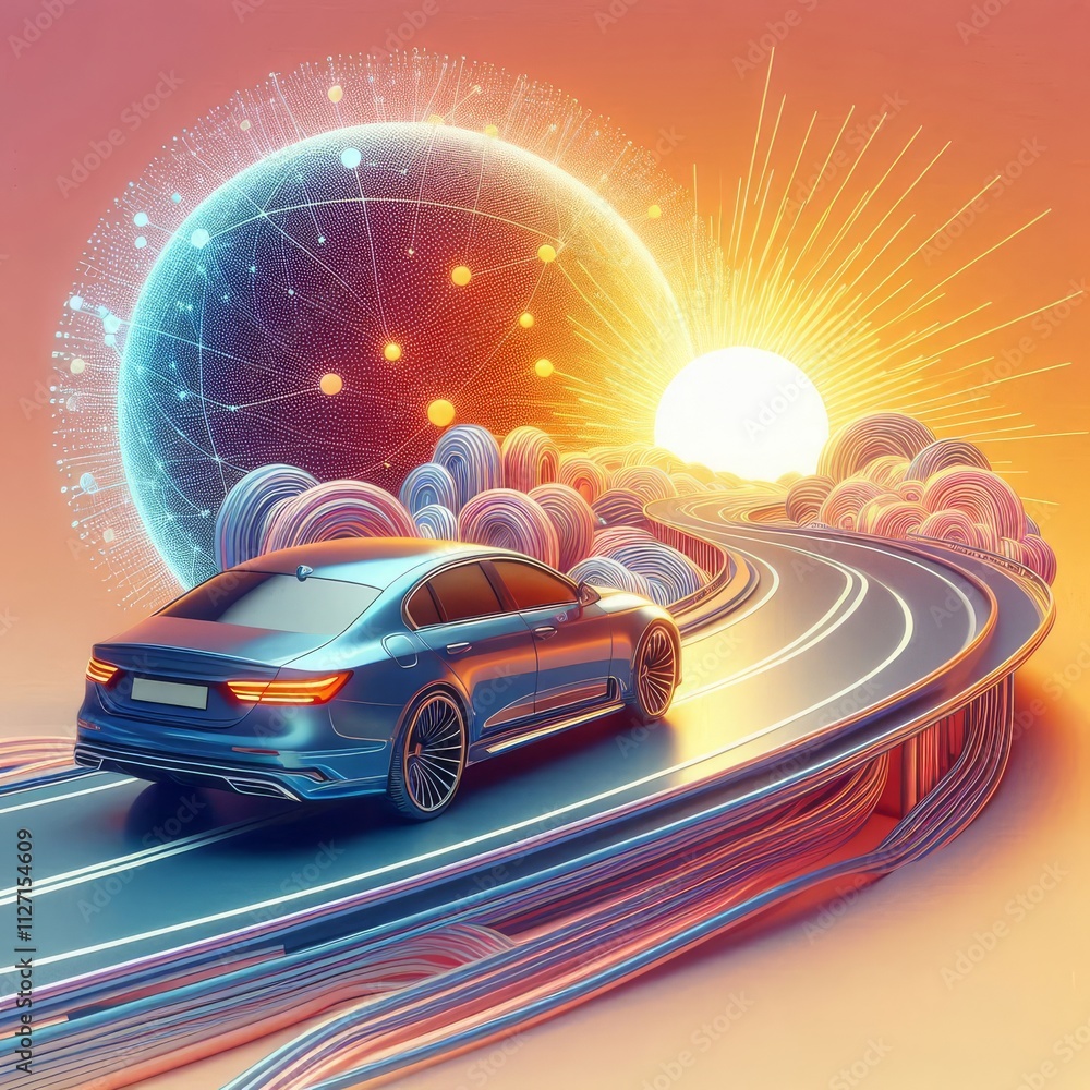 Naklejka premium 3d car sedan rides on the road to meet the sun, concept 3d render for advertising auto products 