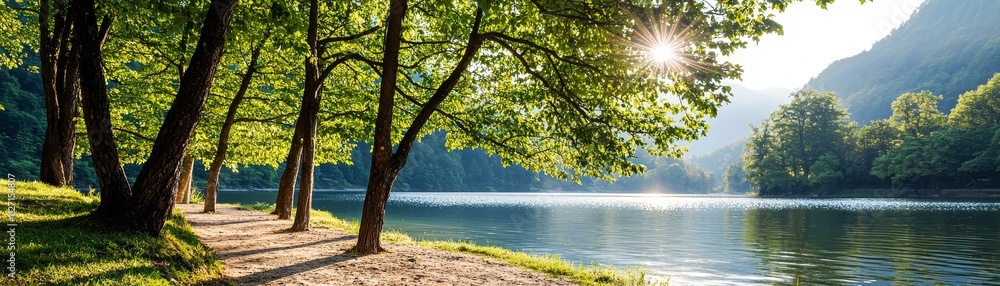 Tranquil lakeside trail nature scene serene environment daylight Tranquil lakeside trail nature scene serene environment daylight