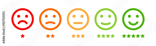 Rating emoji set with five star rating scale for customer review and feedback. Emoticon icons. Level of satisfaction rating. User experience. Customer service and satisfaction concept.