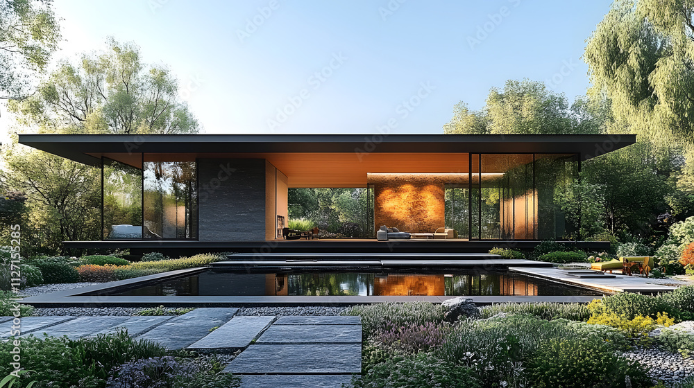 A modern one-story house with a gable roof and striking black walls, showcasing sleek architectural design with a minimalist aesthetic, blending contemporary style with functionality in a stylish resi A modern one-story house with a gable roof and striking black walls, showcasing sleek architectural design with a minimalist aesthetic, blending contemporary style with functionality in a stylish resi