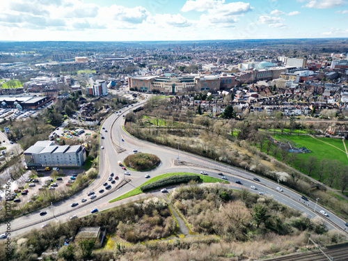 Watford City of England Great Britain. March 3rd, 2024 During Day. High Angle Footage Was Captured on March 3rd, 2024 During Bright Sunny Day. Watford City is Located at North London City.