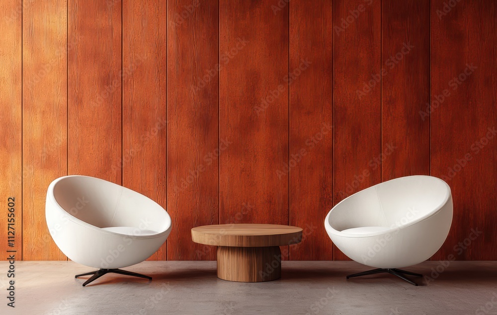Two white chairs and a table in front of a wooden wall, featuring a warm brown and orange color scheme. Two white chairs and a table in front of a wooden wall, featuring a warm brown and orange color scheme.