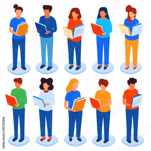 Diverse Group of People Reading and Holding Documents in a Creative Illustrative Style on a Clean Background for Business and Education Concepts