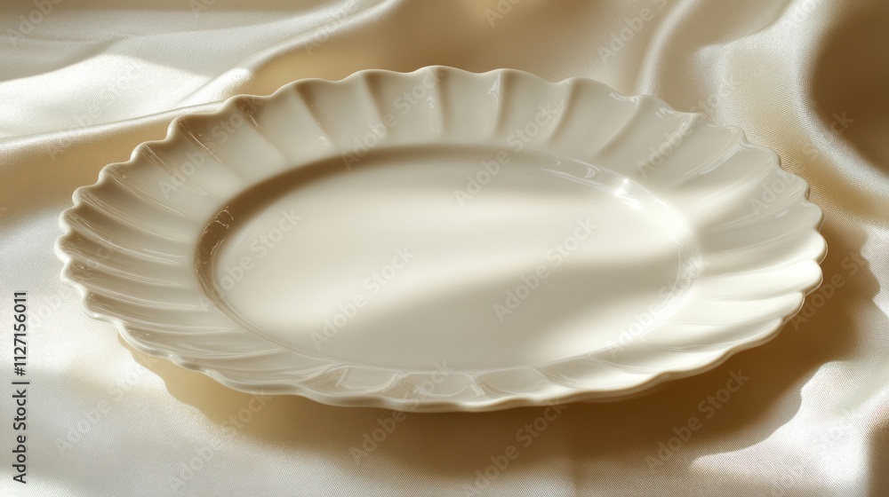 A simple, elegant plate resting on a soft, draped fabric. A simple, elegant plate resting on a soft, draped fabric.