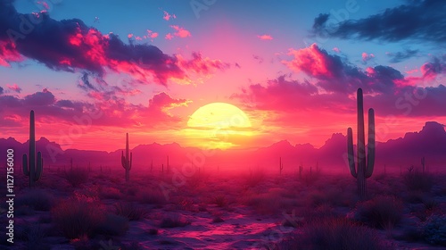 Cactus silhouette in the desert with a dramatic sunset gradient