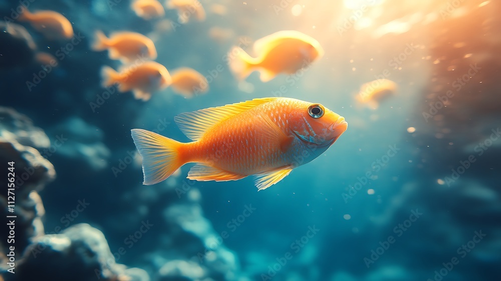 Fish swimming silhouette set against a serene ocean gradient Fish swimming silhouette set against a serene ocean gradient