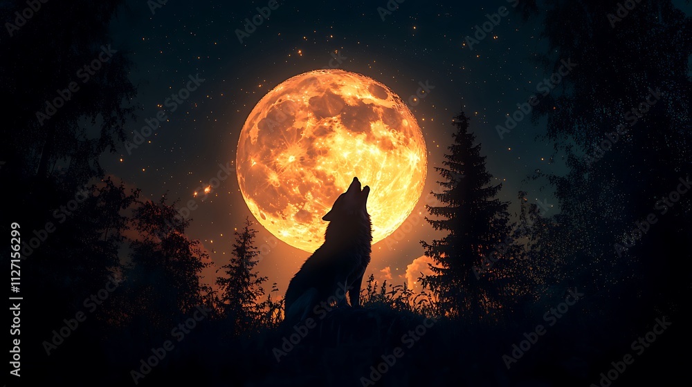 Wolf howling silhouette framed by a full moon gradient