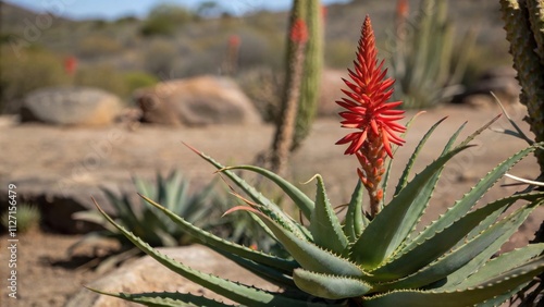 A close-up view of a vibrant red aloe flower blooming in a desert landscape, surrounded by spiky green leaves and blurred rocks in the background. photo