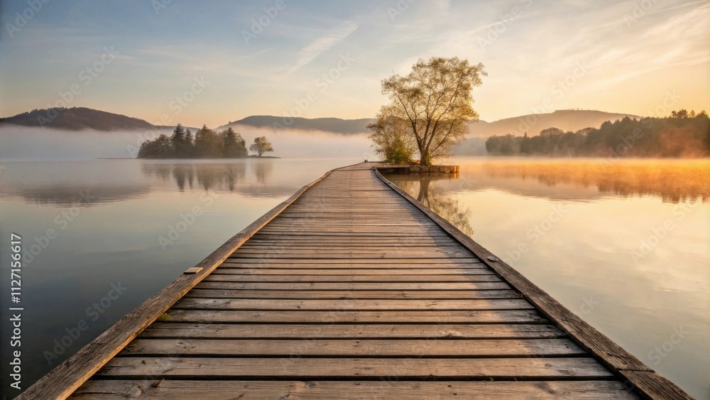 Fototapeta premium A Wooden Dock Extends Into a Misty Lake at Sunrise, Leading Towards a Small Island with Trees