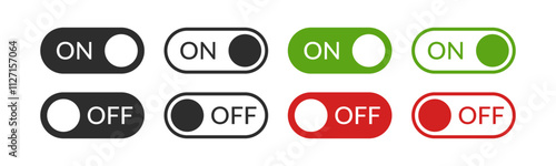 Power On and Power Off switch icon collection set. On off toggle switch symbol. Turn on and turn off switch button with green and red color. Vector Illustration.