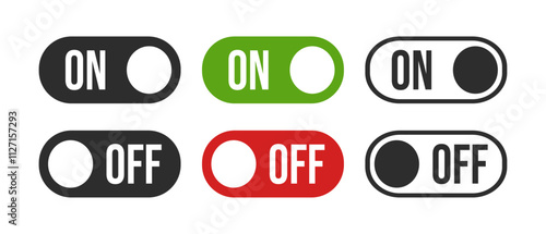 Power On and Power Off switch icon collection set. On off toggle switch symbol. Turn on and turn off switch button with green and red color. Vector Illustration.