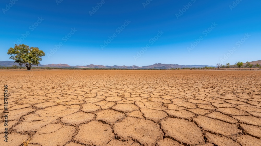 Fototapeta premium Cracked earth and clear blue sky showing climate change