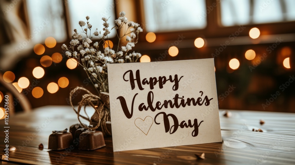 Charming valentine s day card displayed with chocolates and a delicate flower bouquet on table Charming valentine s day card displayed with chocolates and a delicate flower bouquet on table