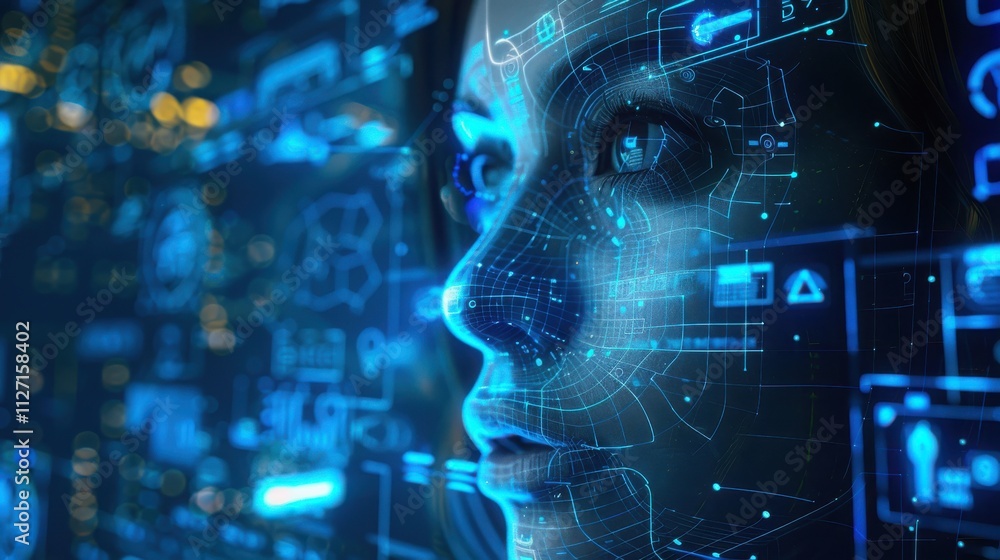 Naklejka premium Digital Face Overlay Futuristic Technology Interface