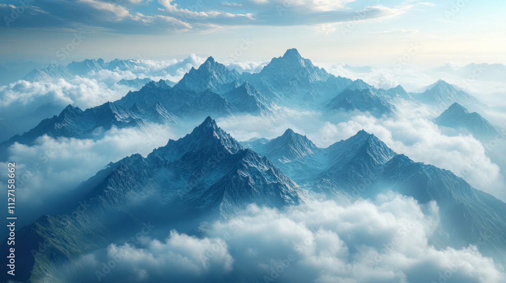 Clouds aerial view above a mountain range, with peaks breaking through the cloud cover Clouds aerial view above a mountain range, with peaks breaking through the cloud cover