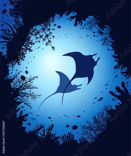 Silhouette of two mantas, coral reef and school of fish on a blue sea. Vector illustration with underwater nature. Flora and fauna of ocean.
