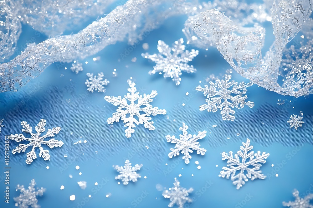 Falling snowflakes on a blue background, winter wonderland scene, festive atmosphere Falling snowflakes on a blue background, winter wonderland scene, festive atmosphere