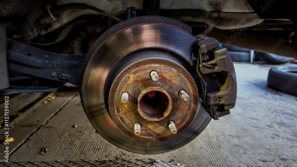 Close-up of a car's rusty brake disc and caliper showcasing vehicle maintenance issues and repair needs Close-up of a car's rusty brake disc and caliper showcasing vehicle maintenance issues and repair needs
