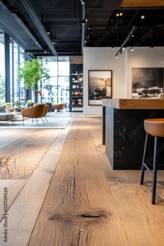 Fototapeta premium Modern interior design featuring wooden flooring and stylish furniture in a bright space.