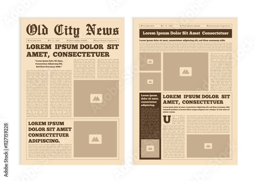 Vintage newspaper with text and image placeholder. Brochure newspaper pages with headline. Paper retro journal vector template. News articles newsprint magazine old design