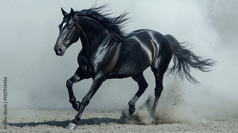 Majestic black horse galloping, dust flying.