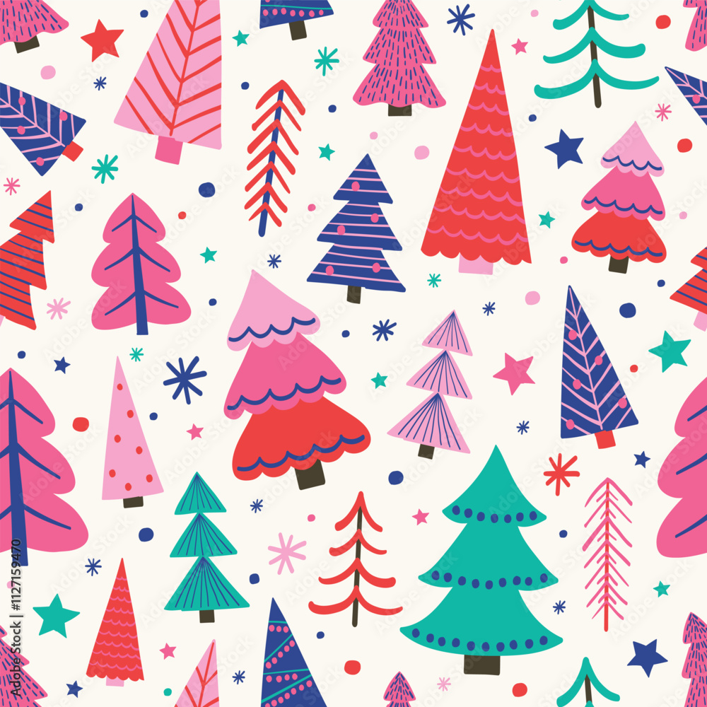 Christmas tree background. Seamless pattern design with hand drawn ornaments. Wallpaper concept. Vector illustration Christmas tree background. Seamless pattern design with hand drawn ornaments. Wallpaper concept. Vector illustration