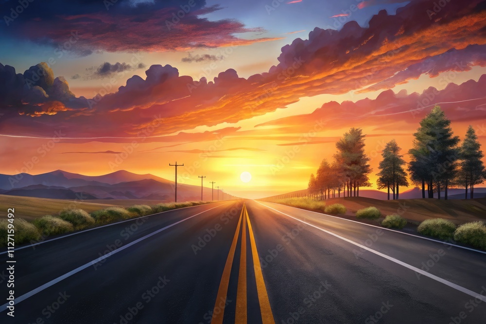 Sunset Over the Highway, Empty Asphalt Road at Golden Hour, Scenic Sunset Background Sunset Over the Highway, Empty Asphalt Road at Golden Hour, Scenic Sunset Background