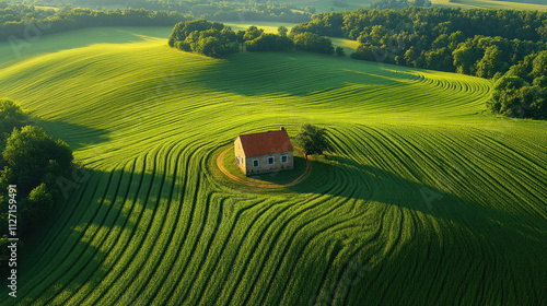 Farmland aerial photo with symmetrical rows of crops and a small farmhouse nestled in the fields photo