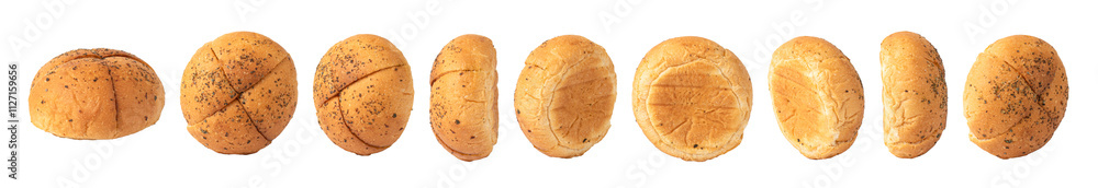 Poppy seed bread roll set, loaf of bread with a golden brown isolated on white background, crispy crust, featuring deep and even slashes on the surface, loaf bread, white whole bread, brown bread Poppy seed bread roll set, loaf of bread with a golden brown isolated on white background, crispy crust, featuring deep and even slashes on the surface, loaf bread, white whole bread, brown bread