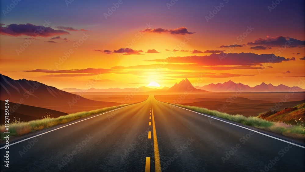 Fototapeta premium Sunset Over the Highway, Empty Asphalt Road at Golden Hour, Scenic Sunset Background
