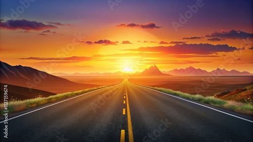 Sunset Over the Highway, Empty Asphalt Road at Golden Hour, Scenic Sunset Background