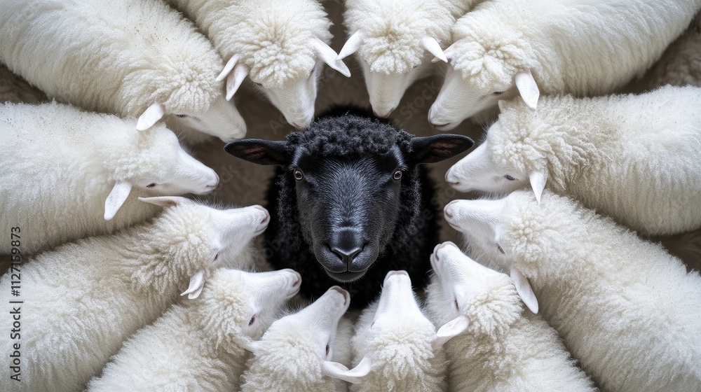 Naklejka premium A black sheep graphic centered in a circular arrangement of white sheep, illustrating the concept of diversity.