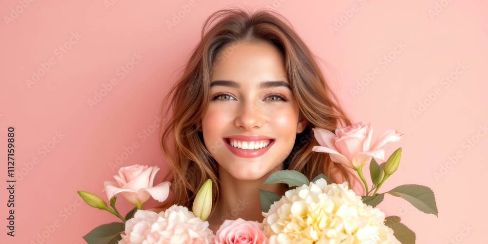 Smiling young woman with flowers celebrating international women's day