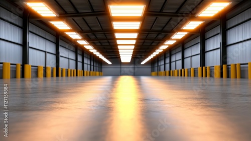 A spacious industrial warehouse with bright overhead lights reflecting on a smooth concrete floor, featuring yellow columns lining the interior.