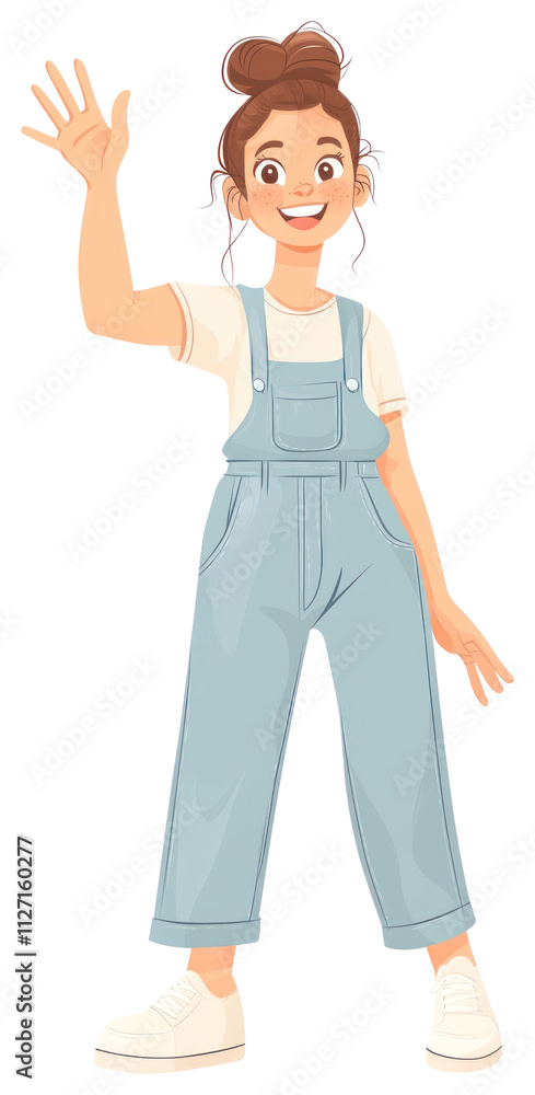 PNG Cute woman character illustration waving outfit. PNG Cute woman character illustration waving outfit.