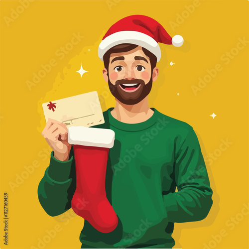 Young man wear green casual sweater Santa hat posing hold stocking, store gift coupon voucher card in yellow background. Happy New Year, celebration Christmas holiday