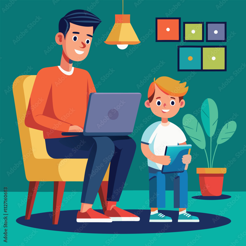 a boy is using his laptop vector a boy is using his laptop vector