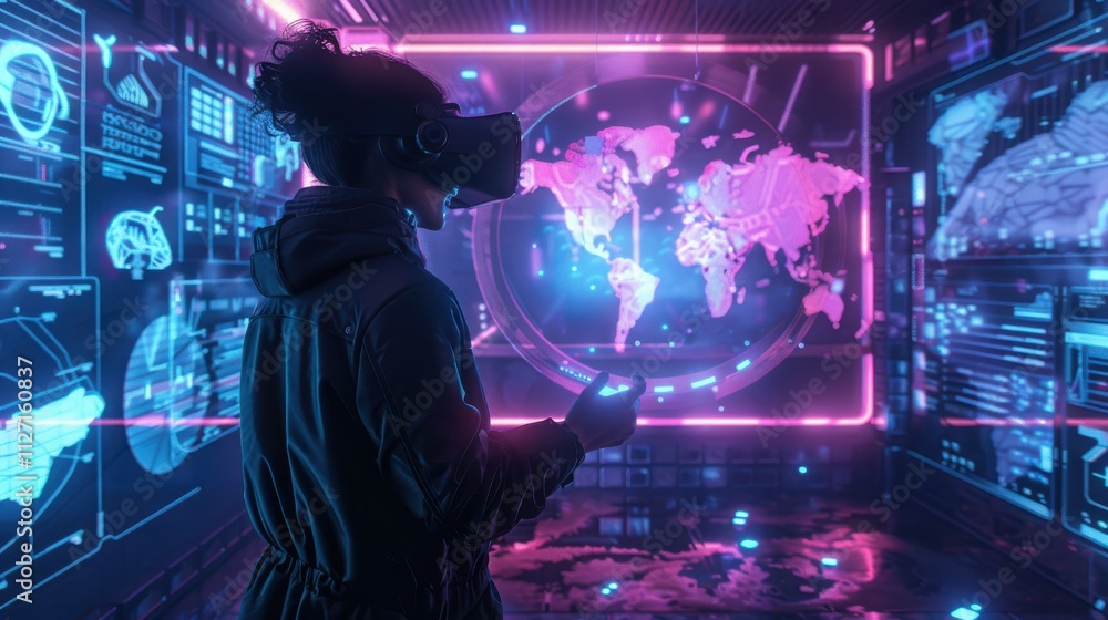Obraz premium Woman Exploring Virtual Globe Using Futuristic VR Technology