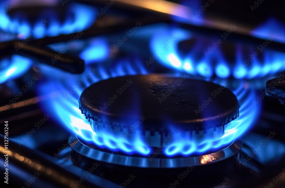 Close-up of blue flames from a gas stove