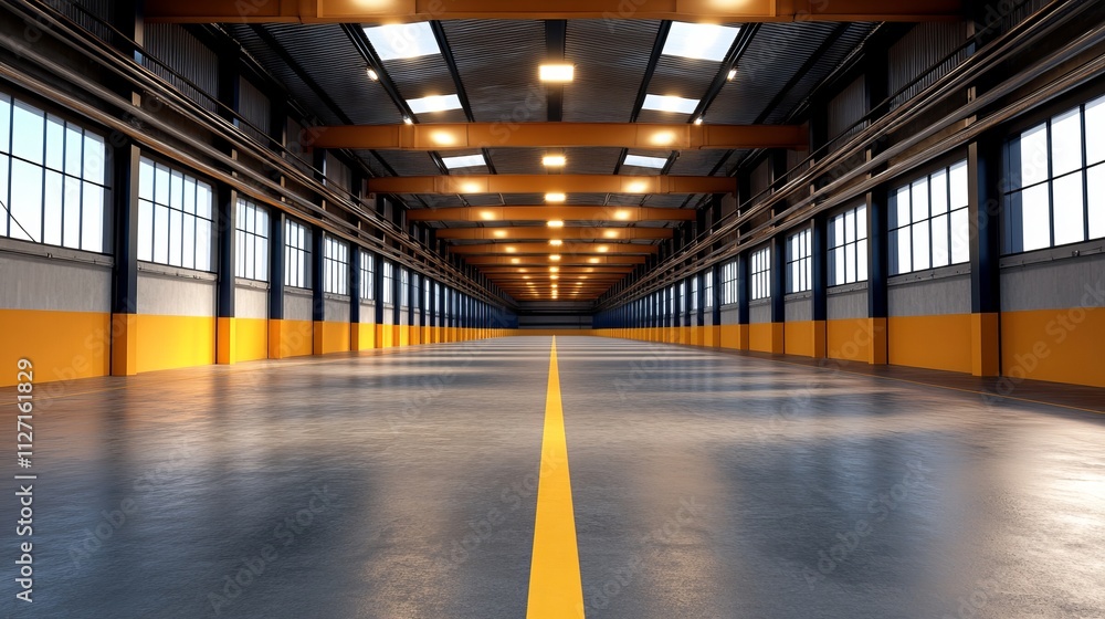 Fototapeta premium Spacious industrial warehouse interior with polished concrete floor and bright yellow accents, creating a modern and clean ambiance.