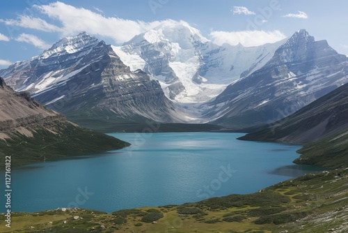 A breathtaking landscape dominated by towering snow-capped mountains in the backgroun photo