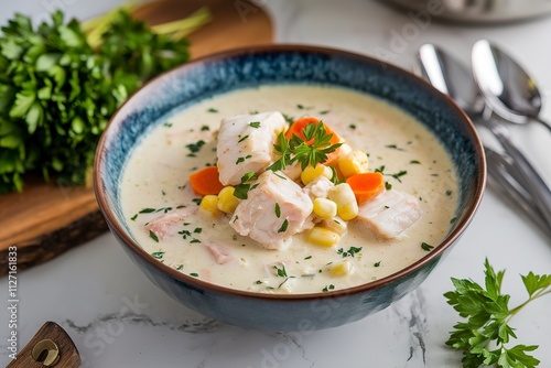 a bowl of creamy fish soup photo