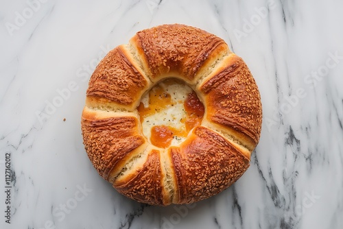 a cheese-filled bread with a perfect golden-brown crust and a runny, gooey cheese center photo