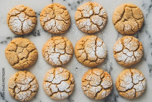 A captivating photograph of round, textured golden-brown cookies isolated on a marble background