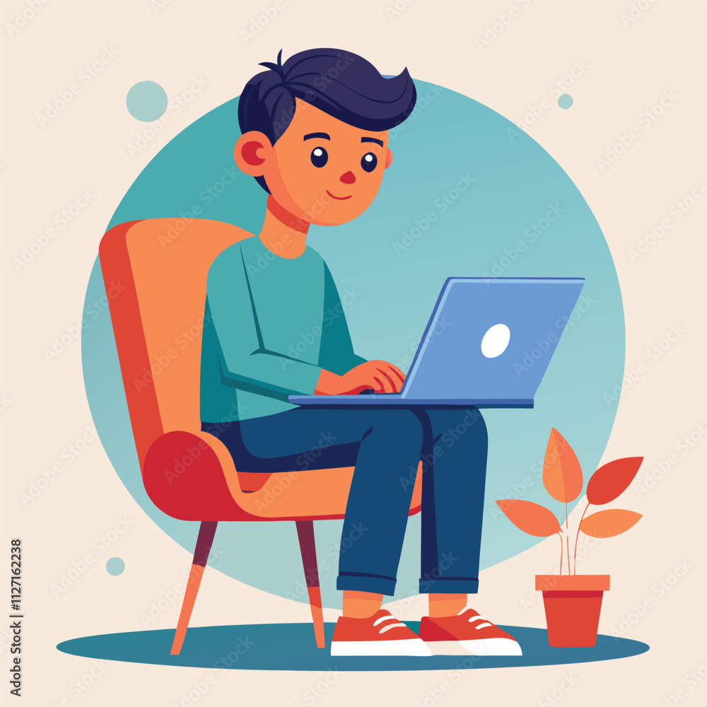 a boy is using his laptop vector a boy is using his laptop vector