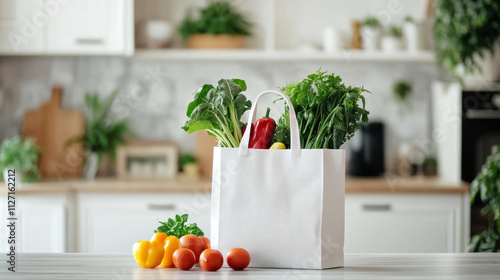 White blank mockup eco friendly shopping bag with fresh vegetables on modern kitchen table photo