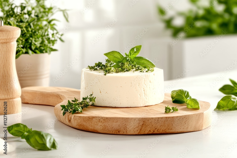 Fresh tofu cheese with basil leaves on wooden cutting board sprinkled with herbs in bright sunlig Fresh tofu cheese with basil leaves on wooden cutting board sprinkled with herbs in bright sunlig